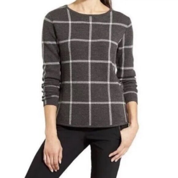 Athleta 100% Merino Wool Dakota Sweater Windowpane Plaid Gray Size M - Picture 1 of 10